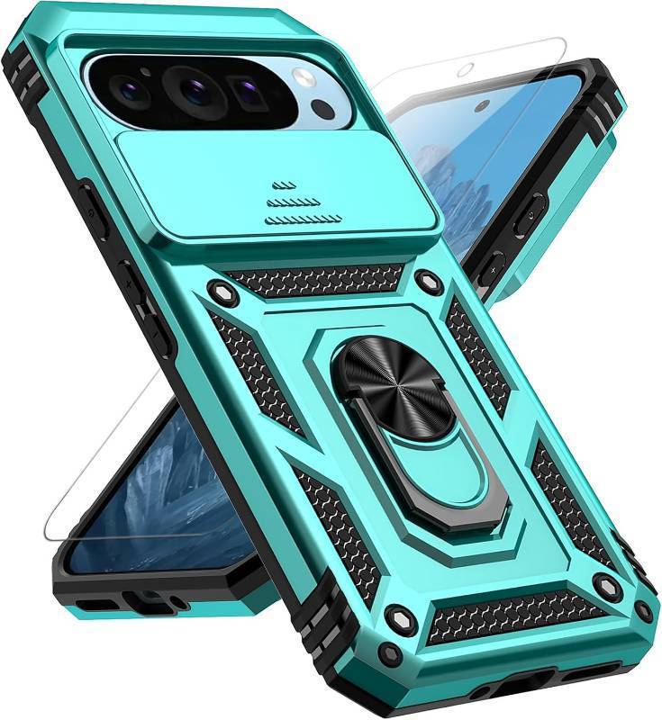 lot 65125 image: for Google Pixel 9 Pro XL Case with Slide Camera Cover HD Screen Protector Military Grade 16ft. Drop Tested Magnetic Ring Holder Kickstand Protective Phone Case for Google Pixel 9 Pro XL, Mint