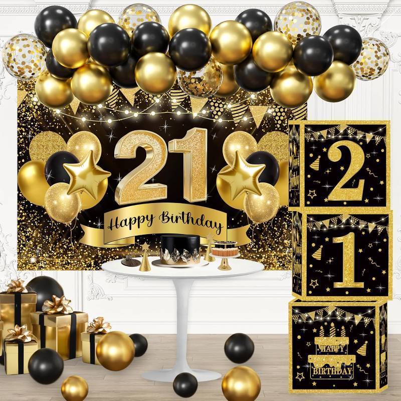 lot 65133 image: 21st Birthday Decorations for Men - happy Birthday Party Backdrop, Black Gold Balloon Arch Kit, 21 Number Boxes Decor Set for boys Party Supplies