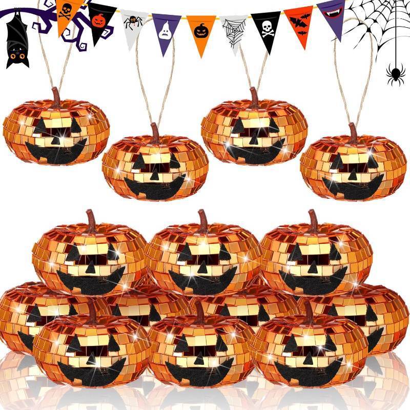 lot 65112 image: 12 Pcs Halloween Disco Pumpkin Ornament Glitter Hanging Jack O Lantern Pumpkin Ornament Artificial Fall Mini Mirror Disco Ball Decoration for Table Trick or Treat Party Supplies (Orange)