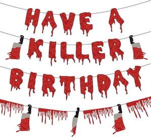 lot 63965 image: Saliyaa Halloween Horror Birthday Party Decorations Banner, Have a Killer Birthday Banner, Red Blood Drop Garland, Halloween HBD Vampire Killer Party Decorations