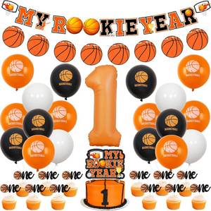 lot 63978 image: JOYMEMO Basketball 1st Birthday Decorations for Boys - My Rookie Year Banner Cake Topper, Cupcake Toppers, Number 1 Balloon, Basketball Printed Balloons, Sports Theme Birthday Party Supplies