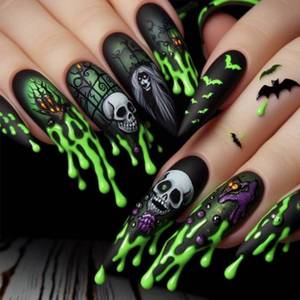 lot 63992 image: Halloween Press on Nails Long Almond Fake Nail with Green Blood Skull Bat False Nails with Design Full Cover Halloween Artificial Acrylic Nails Reusable Stick on Nail for Women DIY Art 24 Pcs