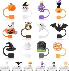 lot 63996 image: 12 Pcs Halloween Straw Cover Caps Compatible with Stanley Cup, Silicone Cute Reusable Straw Toppers for Cups 30&40 Oz Tumbler Accessories 10mm