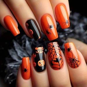 lot 64000 image: Halloween Press on Nails Medium Square Fake Nails Orange Nails Press ons Black Glue on Nails Halloween with Bat Pumpkin Spider Designs Spider Web Stick on Nail for Women 24Pcs