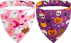 lot 64021 image: Halloween Dog Bandanas with Snap Button, 2 Pack Pumpkin & Ghost Pet Scarf for Boy & Girl, Premium Durable Fabric, Adjustable Fit, Spooky Bandana for Medium and Large Dogs (Large)