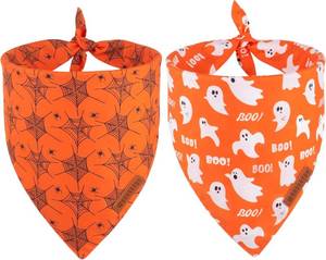 lot 64030 image: ADOGGYGO Halloween Dog Bandana, Spider Web Ghost Pet Scarf, Premium Durable Fabric, Orange Halloween Bandanas for Extra Large Dogs Pets (X-Large)