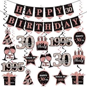 lot 64031 image: KORHONEN 30th Birthday Decorations for Her Women, Pink Black 30th Happy Birthday Banner and Hanging Swirls, 30th Birthday Party Decor