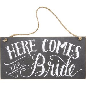 lot 64032 image: Primitives by Kathy Chalk Art Wedding Hanging Sign, 12 x 6-Inches, Here Comes The Bride