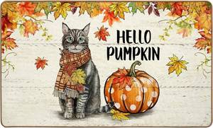 lot 64038 image: Fall Door Mat Welcome Mats Front Door Outdoor Entrance, Cute Cat Decor, Hello Pumpkin Maple Leaves Farmhouse Patio Entryway Door Mats, Thanksgiving Decorative Door Mats Kitchen Mat, 30x17 Inch