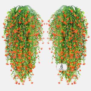 lot 64045 image: Artificial Fall Hanging Flowers Outdoor UV Resistant Fake Plastic Plants Indoor Outside Garden Porch Window Box Home Wedding Farmhouse Festive Shrub Decor (Orange Green, 6 Bundles)
