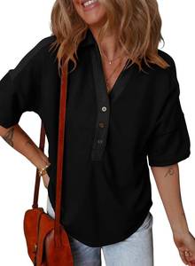 lot 65237 image: Dokotoo Women s Summer Shirts Casual Short Sleeve 14 Button Solid Collar Neck Curved Hem Pullover Sweatshirts Tops