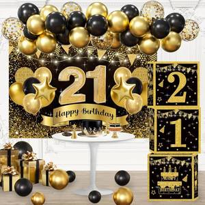 lot 65276 image: 21st Birthday Decorations for Men - happy Birthday Party Backdrop, Black Gold Balloon Arch Kit, 21 Number Boxes Decor Set for boys Party Supplies
