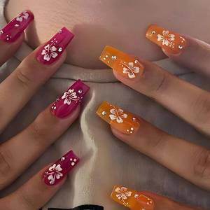 lot 65281 image: BABALAL Long Press on Nails Coffin Fake Nails Pink Orange Glue on Nails Flower Coquette Acrylic Nails 24Pcs Bling Rhinestone Ballerina Manicure Diy Stick on Nails