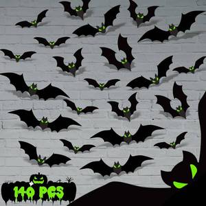 lot 65285 image: 140 Pcs 3D Bats Halloween Decorations with Glow Eyes, Spooky and Scary PVC Bats Indoor and Outdoor Halloween Decor for Walls Windows Garage Bathroom Kitchen Bedroom and Parties, Gothic Decor Stickers