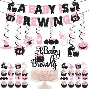 lot 65304 image: Halloween Baby Shower Decorations - Girl Pink & Black Glitter A Baby Is Brewing Banner & Decorations