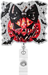 lot 65323 image: Fall Pumpkin with Halloween Bats Badge Reels Cute Autumn Retractable Badge Holder for Nurse Doctor Teacher Office Worker Fall Badge Reel Retractable with Clip