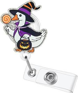 lot 65326 image: Halloween Cute Goose Badge Reel Nurse Doctor Name Tag Decor with Retractable Acrylic Alligator Clip Halloween Pumpkin Badge Holder for RN LPN CNA Medical Worker & Teacher Student