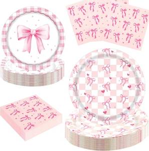 lot 65347 image: 150PCS Pink Bow Birthday Party Decorations - Coquette Paper Plates and Napkins for 50 Guests, Elegant Disposable Tableware Supplies for Bachelorette, Baby Bridal Shower, Engagement, Tea Party