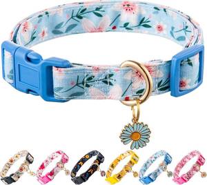 lot 65351 image: Raisingwell Cotton Dog Collar Blue Flower Pattern for Boys and Girls Cute Dog Collars Summer Fall Gift Adjustable for Medium to Large Breed Dogs (M)