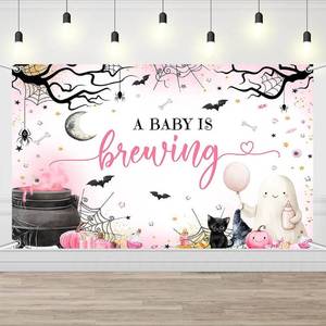 lot 65387 image: AIBIIN Halloween Boo Baby Shower Backdrop Pink A Baby is Brewing Banner Halloween Spooky Baby Shower Party Decorations 70.8x43.4inch