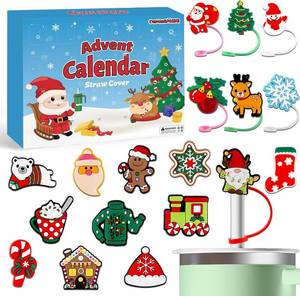 lot 65392 image: Advent Calendar 2025 Straw Cover - Christmas Countdown Calendar 24 Days 10 mm Silicone Straw Topper Caps Lids Protectors for 30 & 40 Oz Tumblers Cups Kids Adults Teens