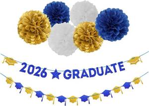 lot 65434 image: Navy-Blue White-Gold Party-Decoration Graduation Banner - 8pcs Kits Cap Garland Streamers, Paper Tissue Pom Poms Flowers, 2025 Craduate Banner Congratulations Grad Decor Lasting Surprise