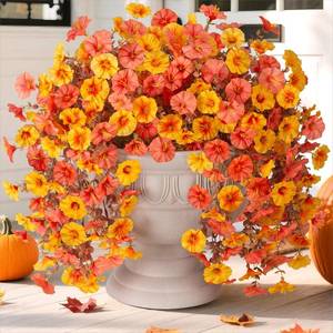 lot 1036 image: Ivydale 2 PCS Artificial Fall Hanging Flowers Fake Petunias Outdoor, Silk Faux Morning Glory Flowers with Eucalyptus,UV Resistant Realistic Mums Plants for Home Garden Decor (Fall OrangeYellow)