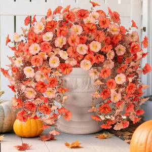 lot 1037 image: 2 PCS Artificial Faux Fall Hanging Flowers Plants for Outdoor,Fake Silk Morning Glory with Eucalyptus UV Resistant Mums for Wall Home Porch Patio Balcony Yard Indoor Decor (Fall OrangeLight Orange)