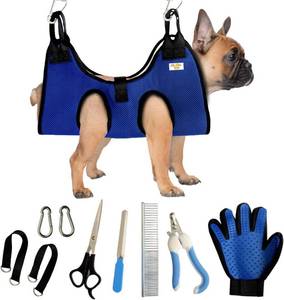 lot 1038 image: Dog Grooming Hammock for Small Dogs - Pet Grooming Harness with Nail Clippers, Nail File, Scissors, Comb and Brush Mitt - Restraint Sling for Easy Grooming, Complete Grooming Kit for Dogs