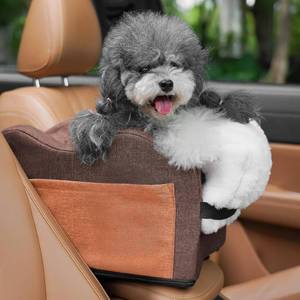 lot 3006 image: Center Console Dog Car Seat for Small Dogs with Bunny Fleece, Anti-Slip Booster Car Seat with Collar Hook, Triple Protection, Portable Washable, for Pets Up to 13.5lbs (Brown-Orange)