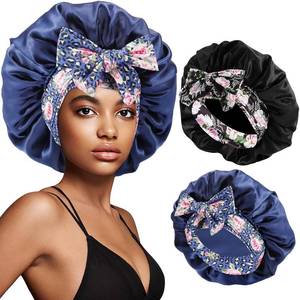 lot 3040 image: 2Pcs Silk Bonnet for Sleeping,Large Satin Bonnet with Tie Band,Night Sleep Cap for Women,Satin Bonnet for Curly Hair(Black  Dark Blue)