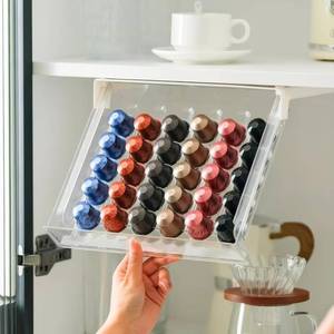 lot 3084 image: Coffee Pod Capsule Drawer Organizer,Compatible with Nespresso Original Pods, 30-Capacity Clear Drawer Organizer & Stand,for Under Cabinet Pod Storage Holder & Accessories