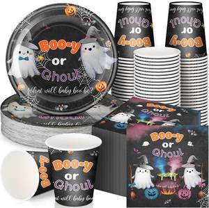 lot 3088 image: Hushee 200 Pcs Halloween Baby Shower Paper Plates Cups Napkins Party Supplies Halloween Booy or Ghoul Gender Reveal Party Decoration Disposable Tableware Set