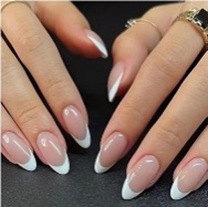 lot 3126 image: Almond French Tip Press on Nails Medium Length Fake Nails Blue French False Nail Tips Stick on Artificial Nails Glossy Full Cover Glue on Nails Medium False Nails with Designs for Women 24pcs