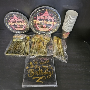 lot 3178 image: 175 Piece Disposable Birthday Plate Set, Black Birthday Party Supplies, Black Birthday Decorations, Includes Paper Plates, Paper Cups, Napkins, Plastic Knives, Forks and Spoons (25 guests)