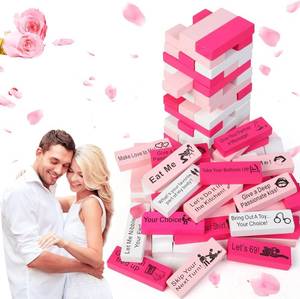 lot 3209 image: Couple Game for Adults, 54pcs Pink Wooden Lust Tower Game for Naughty Date Night Ideas and Fun Couple Gifts for Her, Unique Stacking Games Gift with 6pcs DIY Blocks