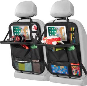 lot 3210 image: LUCMO Car Backseat Organizer with Touch Screen Tablet Holder,9 Storage Pockets Storage Organizer,Protectors Kick Mats Travel Accessories (Black, 2 Pack with Food Tray)