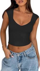 lot 3216 image: REORIA Womens Summer Sexy Casual V Neck Double Lined Seamless Sleeveless Slimming Going Out Trendy Basic Crop Tank Top Tees Black Large