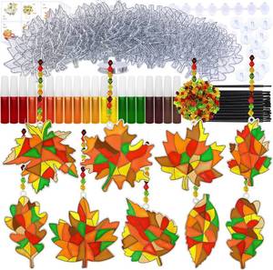 lot 3228 image: Winlyn 27 Sets Fall Leaf Suncatchers Ornaments DIY Window Paint Art Fall Craft Kits Maple Leaf Sun Catchers Painting Kits for Kids Classroom Activities Art Project Thanksgiving Autumn Party Decoration