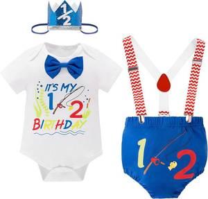 lot 3231 image: Kewlent Baby Boys Girls My 12 Birthday Cake Smash outfit Bowtie Romper Suspenders Shorts Hat Photo Shoot (Blue01,3-6Months), 3-6 Months