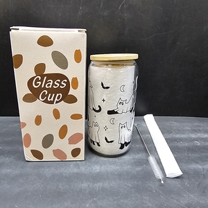 lot 3264 image: MHGECC Halloween Ghost Cat Cups - Halloween Birthday Gifts, Boo Basket Stuffers for Women, Men, Spooky Gifts for Teen Girls - 16oz Glass Iced Coffee Cup wLid and Straw