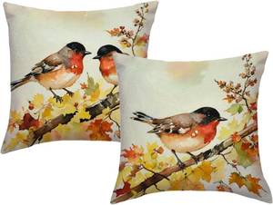 lot 3287 image: Autumn Birds Throw Pillow Covers with Autumn Maple Leaves 18 x 18 Inch Fall Theme Cushion Covers Watercolor Art Home Decor Pillow Cases 2Pack for Sofa Couch Porch