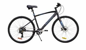 lot 1018 image: Infinity Boss.three Disc 7 Speed 700c Mens Hybrid Bike with white outlined lettering with Yake Mechanical Dual Disc Brakes Front and Rear, MX-606, 916 , Steel Axle Reflector With Ball Berrings - Retail $401