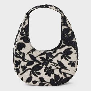 lot 1093 image: Mini Beaded Crescent Handbag - A New Day�� Off-WhiteBlack Floral Pattern, Softside Jacquard Weave, Single Handle - Retail $30