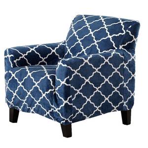 lot 1106 image: Great Bay Home Stretch Printed Velvet Plush Washable Chair Slipcover (Chair  Lattice - Navy) - Retail $45