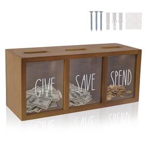 lot 1163 image: Himitimi Wooden Piggy Bank for Kids, Spend Save Give Money Saving Box Visualized Coin and Cash Savings Box for Childrens Boys Girls Adults(Countertop & Wall-Mount, Brown) - Retail $22
