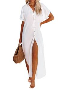 lot 1171 image: Dokotoo Swimsuit Coverups Summer Dresses for Women 2026 Vacation Button Down Long Kimonos Cardigan Beach Clothes Short Sleeve Side Split Casual Solid Loose Bathing Suit Cover Ups for Swimwear White L - Retail $30