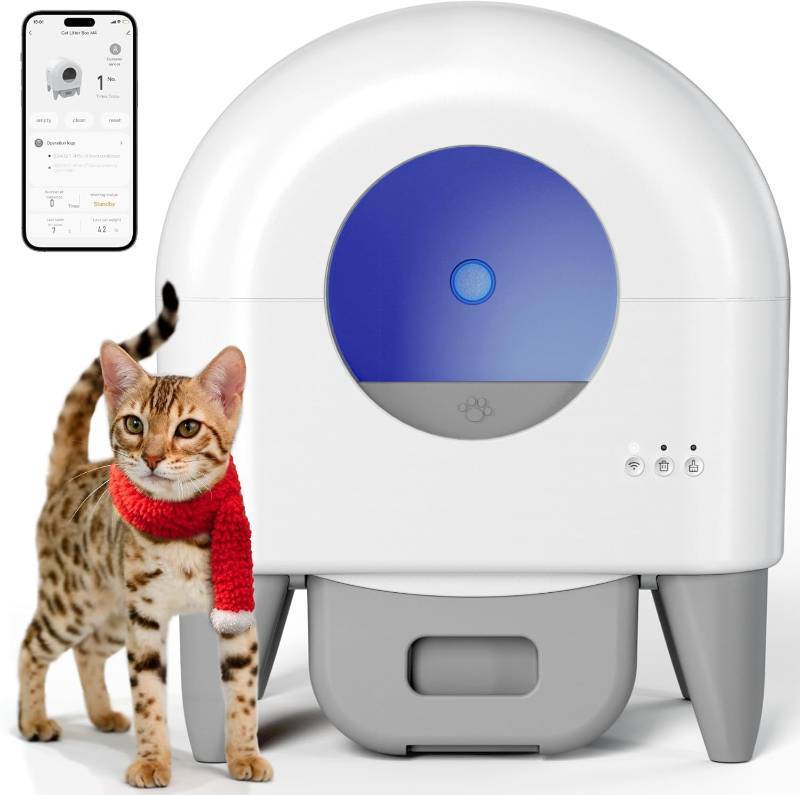 lot 101229 image: Retails for $200 Self Cleaning Cat Litter Box Automatic Litter Box Large Capacity for Multiple Cats, App Control with Safety Sensors, 2 Rolls Garbage Bags,Removable Washable Liner,Grey