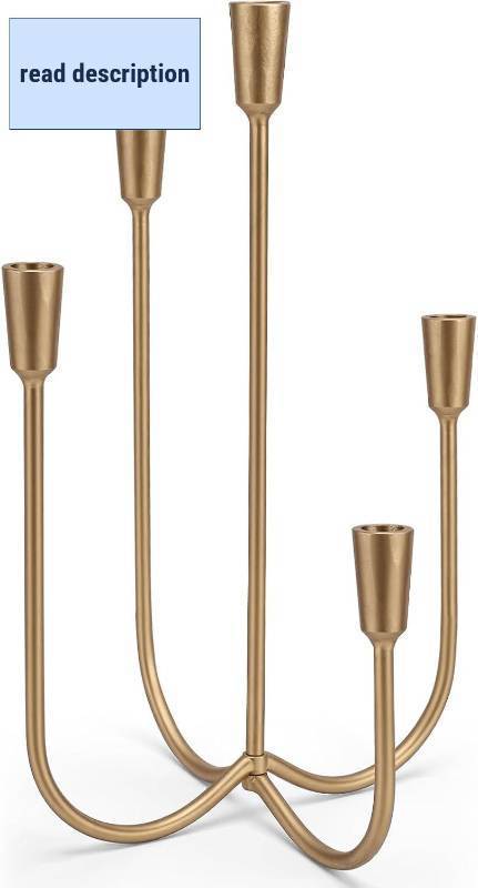 lot 451929 image: 5-Candle Cast Iron Metal Candelabra, 17.7 Inch Candlestick Holders, Iron Tabletop Candelabra, Taper Candle Holders, Cast Iron Candelabra for Wedding, Table, Fireplace Mantel Decor