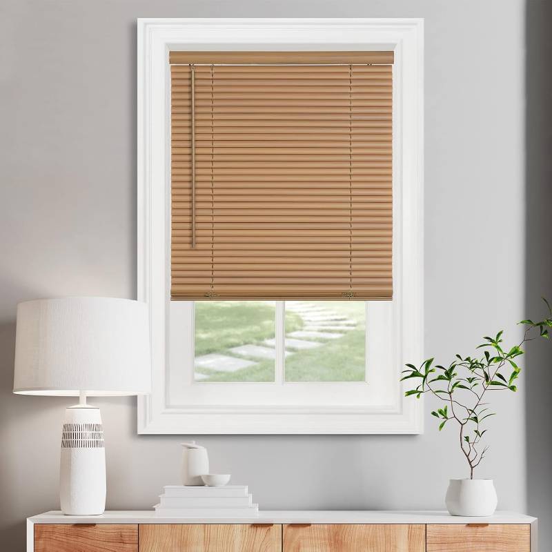 lot 361313 image: Cordless Light Filtering Mini Blind - 27 Inch Width, 64 Inch Length, 1 Slat Size - Woodtone - Cordless GII Morningstar Horizontal Windows Blinds for Interior by Achim Home Decor
